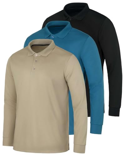 3 Pack Mens Long Sleeve Polo Shirts Dry Fit Golf Work Casual Collared Tops - color: Set 8, size: Large
