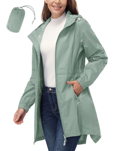 33,000ft Women's Waterproof Long Rain Coats Packable Rain Jacket with Hood - color: Green, size: Medium