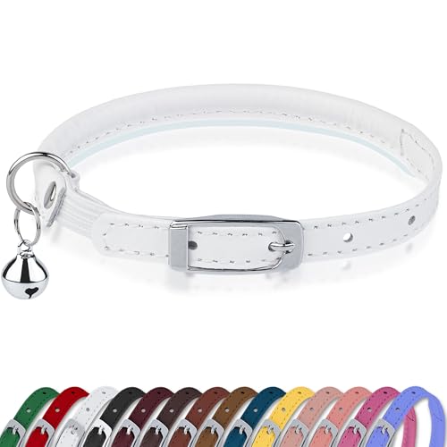 OOPSDOGGY Rolled Leather Cat Collar with Bell, Reflective Kitten Collars with Buckle Include Safety Elastic Strap - Adjustable Small Pet Collars for Boy Girl Cats (White) - color: White