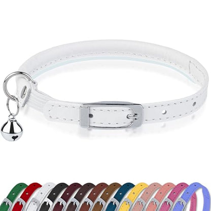 OOPSDOGGY Rolled Leather Cat Collar with Bell, Reflective Kitten Collars with Buckle Include Safety Elastic Strap - Adjustable Small Pet Collars for Boy Girl Cats (White) - color: White