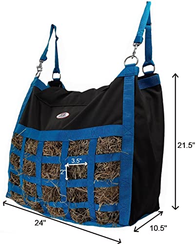 Supreme Slow Feed Top Load Hay Bag with Super Tough Bottom with 2" x3.5” Rectangular Openings and 6 Month Warranty (Turquoise & Black) - color: Black and Turquoise