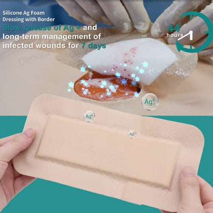Dimora Ag Sliver Silicone Foam Dressing 4"x8" - size: 4" x 8" Ag(5 PCS)