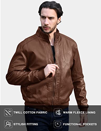 WenVen Men's Stand Collar Fleece Lined Faux Leather Jacket Warm Winter Coat | Bomber Outerwear - color: Field, size: Medium
