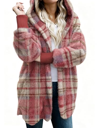 Zilcremo Women Hooded Cardigan Open Front Fuzzy Jacket - color: Wineplaid, size: Medium