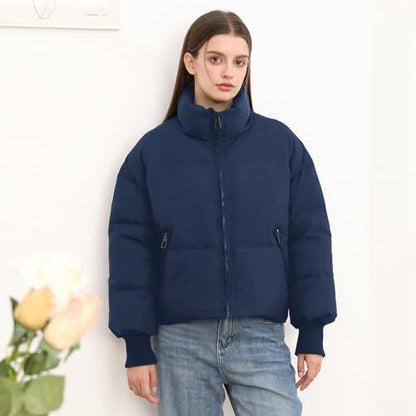 SXGYH Women’s Winter Cropped Puffer Jacket Coat Casual Quilted Baggy Long Sleeve Zip Down Jackets Outerwear - color: Dark Blue, size: Small