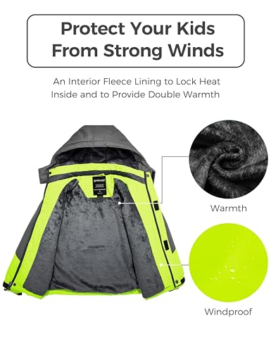 Wantdo Boy's Waterproof Ski Jacket Fleece Snowboarding Jackets Warm Thick Winter Coat Hooded Raincoats - color: Fluorescent Green, size: 10-12