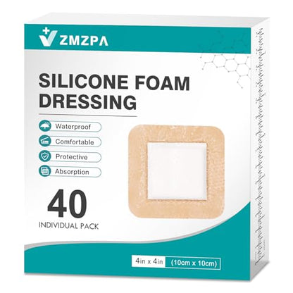40Pcs Silicone Foam Dressing 4x4 Gentle Border, Waterproof Silicone Bandages for Wounds Care, Bed Sore Patches, Super Absorbent Wound Dressing, Self Adhesive Pressure Sore Pads - size: 4''x4'' (40 Packs)