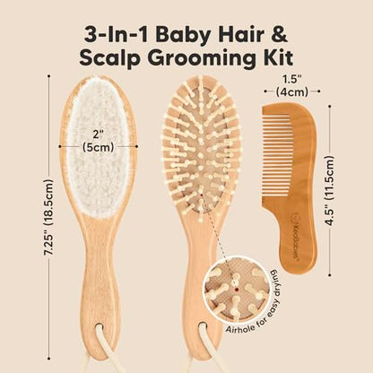 KeaBabies Wooden Baby Hair Brush Set for Newborns, Toddlers - Soft Goat Bristle Baby Brush and Comb Set Newborn Grooming Kit for Cradle Cap Care, Durable & Gentle, Boy, Girl Infant Essentials