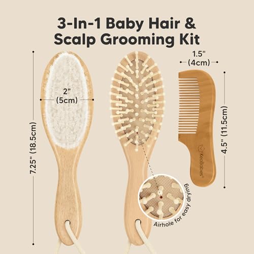 KeaBabies Baby Hair Brush and Comb Set - Soft Goat Bristles, Wooden Brush with Soft Goat Bristle, Soft for Baby's Head and Craddle Cap