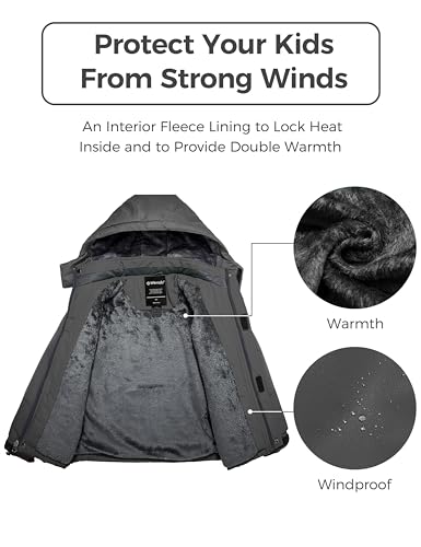 Wantdo Boy's Waterproof Ski Jacket Fleece Snowboarding Jackets Warm Thick Winter Coat Hooded Raincoats - color: Dark Gray, size: 8-9