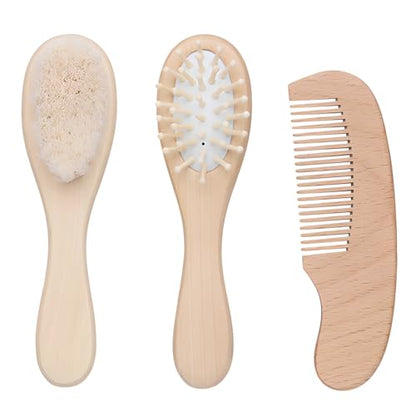 Baby Bath Grooming Kit Natural Wooden Hairbrush with Gentle Goat Bristles, Pear Wood Comb, and Soothing Massage Brush for Babies, Toddlers, and Kids