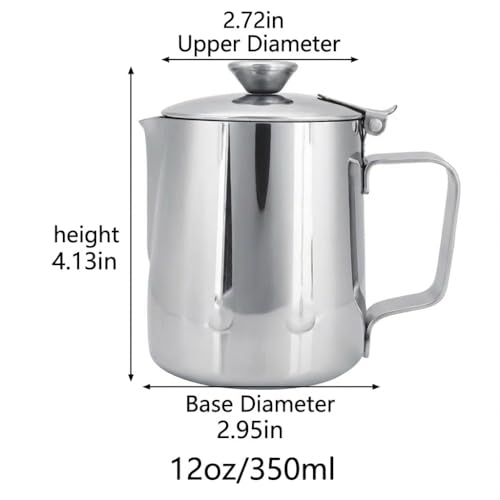 Milk Frothing Pitcher, 350ml (12oz), Stainless Steel Creamer with Lid | Fits for Milk, Coffee, Cappuccino and Latte Art - size: 12 Ounces