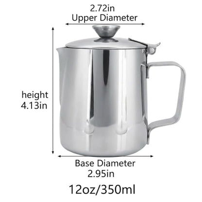 Milk Frothing Pitcher, 350ml (12oz), Stainless Steel Creamer with Lid | Fits for Milk, Coffee, Cappuccino and Latte Art - size: 12 Ounces