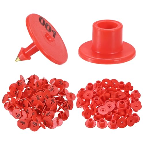 M METERXITY 100-Pack Cattle Ear Tags 001-100 Number, Plastic Round Livestock Ear Tags for Cows/Sheep/Cattle/Pig, Farm Animal Identification Markers [Red] - color: Red