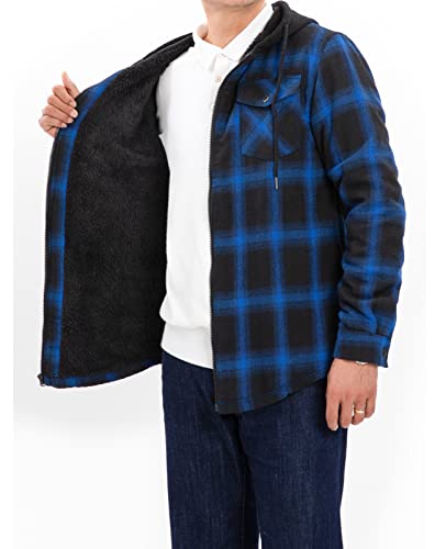 ZENTHACE Men's Sherpa Lined Full Zip Hooded Plaid Shirt Jacket - color: Blue/Black, size: Small