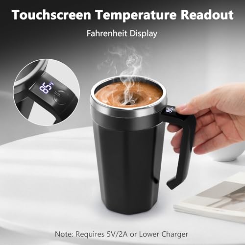Self Stirring Coffee Mug with Temperature Display, 18 oz Rechargeable Self Stirring Mug with Lid, Automatic Self Stirring Cup, Coffee Mug with Stainless Steel for Coffee, Milk, Beverages, Black - color: Black