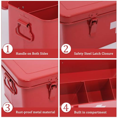 First Aid Box Empty, Metal Medicine Box with Safety Lock, Medical Storage Organizer, First Aid Kit Supplies Organizer for Emergency Set (Red)