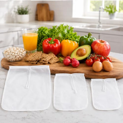 3 Pcs Nut Milk Bag, Reusable Fine Nylon Mesh Food Strainer with Stainless Steel Handle, Cold Brew Coffee Tea Greek Yogurt Filter for Almond Soy Milk Juice Cheese (8x12/10x12/13x13 Inches)