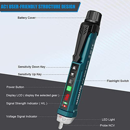 Non-Contact Voltage Tester with 9 Gear Adjustable Sensitivity Voltage Detector AC Circuit Tester Tool LCD Display LED Flashlight Buzzer Alarm Range12V-1000V & Live/Null Wire Judgment AC1