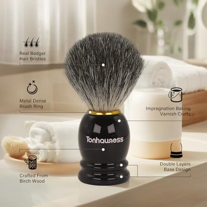 Badger Hair Shaving Brush With Wood Handle, Goat Milk Shaving Soap, Dual-ring Base Stainless Steel Shaving Stand Holder and 3 Layers Shaving Bowl for Men's Wet Shaving (Black With Badger Hair) - color: Black With Badger Hair