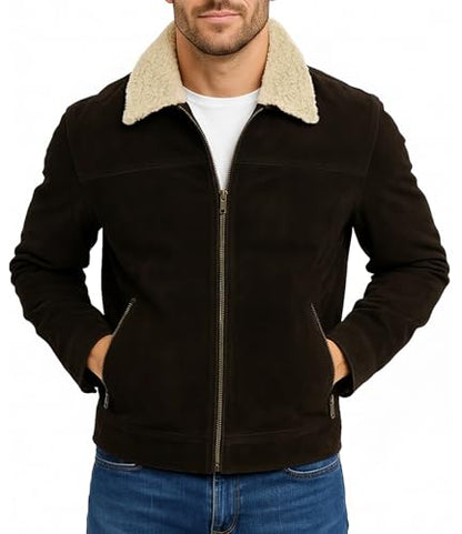 Men's Rick Western Brown Suede Leather Jacket with Sherpa Shearling Collar | Full Zip Front, Snap Cuffs, Polyester Lined, Zip Waist Pockets, Genuine Suede Leather, Cowboy Trucker Design - color: Brown, size: Large
