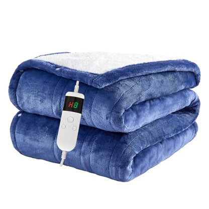 Heated Blanket Electric Throw, 50"x60" Soft Flannel Heating Blanket with 8 Hours Auto Off 10 Fast Heating Levels Machine Washable Sherpa Heated Throw Blanket with Overheating Protection - color: Blue, size: Throw(50" x 60")