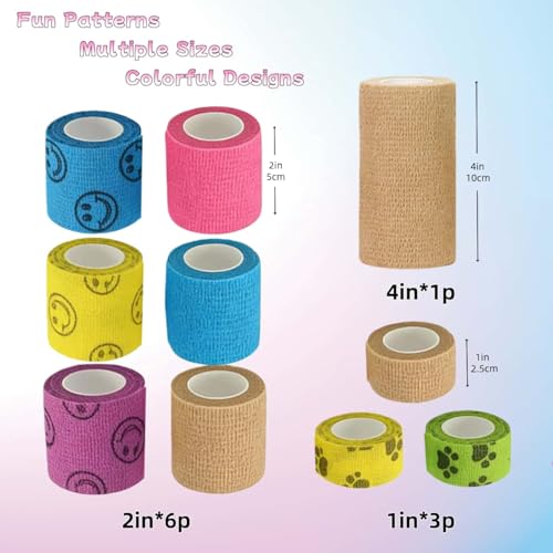 12 Rolls Self Adhesive Bandage Wrap, Breathable Cohesive Bandage Tape, Vet Wrap for Dogs Cats Horses, Non-Woven Self Stick Bandages for Wrist, Ankle, Finger, Sprain & Swelling