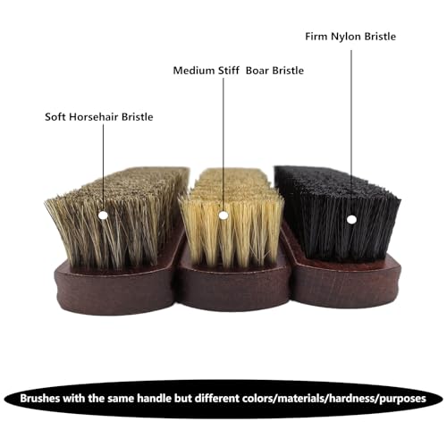 6" Shoe Brush Set, 3-Stiffness Horsehair Boar Nylon | 100% Horsehair, Boar Bristle, Stiff Nylon Bristle; For Leather & Boots Cleaning & Polishing; Beech Wood Handle