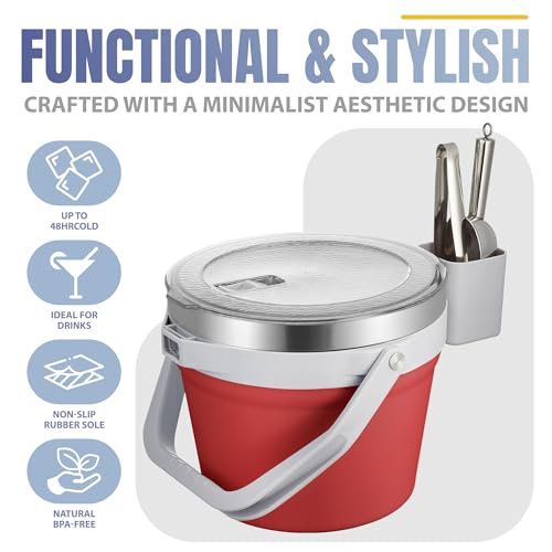 COKTIK 7L Vacuum Insulated Ice Bucket with Lid and Scoop& Tongs，Large capacity Stainless Steel Beverage Bucket for Cocktail, Champagne, Wine, Beer，Large Parties（Red Suit） - color: Red Suit