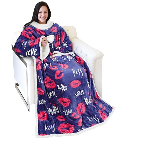 Catalonia Sherpa Wearable Blanket with Sleeves and Pocket for Adults - color: Kiss Dark Blue, size: Standard Pocket