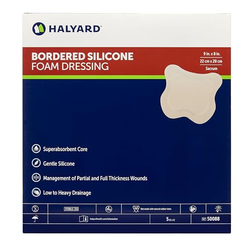 HALYARD Multi-Layer Bordered Silicone Foam Wound Dressing Sacral Bandage Gentle Adhesive Superabsorbent Core Conformable & Breathable Water Resistant Protective Film Backing, 9 Inch x 8 Inch (Box of - size: 9"x8"