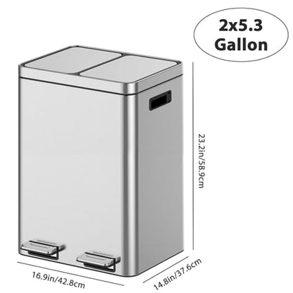 Dual Compartment Trash Can, 2 x 5.3 Gallon Kitchen Bin, Stainless Steel Recycling Bin, with Soft-Close Lids & Removable Inner Baskets, with Dual Compartments, for Kitchen Home Office Use - size: 2 x 5.2 Gallon