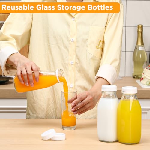 Suclain 10 Pack 16 oz Glass Milk Bottles with Lids, Clear Reusable Milk Containers, 100% Airtight Juice Water Bottles for Refrigerator Storage, Smoothies, Cold Brew, Honey, Oats, Tea, Kitchen Beverage
