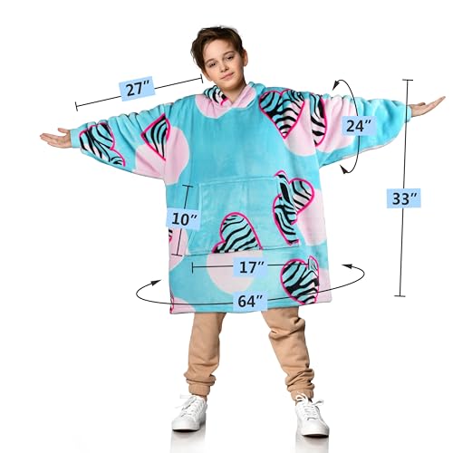 Solaris Zebra Heartfelt Kids Wearable Blanket Hoodie - Cozy Warm Sherpa Fleece Sweatshirt with Love-Themed Design, for Teens, Girls, Boys - color: Zebra Heart
