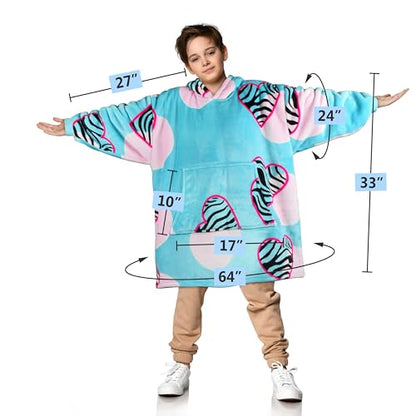 Solaris Zebra Heartfelt Kids Wearable Blanket Hoodie - Cozy Warm Sherpa Fleece Sweatshirt with Love-Themed Design, for Teens, Girls, Boys - color: Zebra Heart