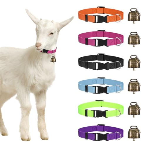 M METERXITY 1-Set Goat Collars with Bells, 13.8"-20.5" Polyester Adjustable Pet Collar with Anti-Lost Grazing Copper Bell for Small Farm Animal/Sheep/Cow/Goat [Multicolor] - color: Black, Rose Red, Blue, Green, Purple, Orange