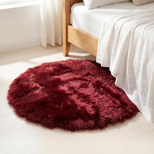 duduta Burgundy Faux Fur Sheepskin Round Rug 4x4 ft, Fluffy Shag Circle Rug - color: Burgundy, size: 4' x 4'