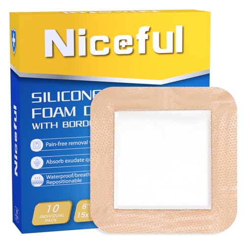 Niceful Silicone Foam Dressing 6"x6" 10 Count, Cushioned Pressure Relief | Large Ultra-Soft Silicone, 15X Max Absorption, 5-Layer Saf Anti-Maceration, Bedsores & Diabetic Foot, 1St-2Nd Burns - size: 6"x6" (10PCS)