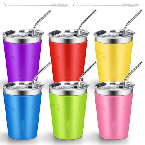 ShineMe Stainless Steel Cups for Kids, 12oz Kids Cups with Stainless Steel Straws and Leak Proof Lids, Unbreakable Metal Tumbler with Colorful Sleeves for Heat/Cold Insulation 6 Pack - color: purple/red/yellow/blue/green/pink