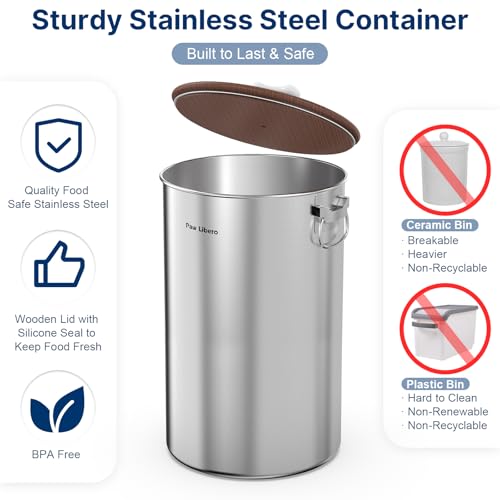 2 Pack 35 lb Stainless Steel Dog Food Storage Container Set with Wooden Lid - size: 35 lbs - 2pk