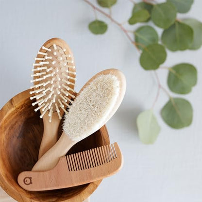 Wooden Hair Brush Set - Premium Baby Comb and Brush - Soft Natural Bristles - Organic Products - Perfect Registry Gift - Cradle Cap Brush for Newborns & Toddlers - color: 3 Pieces set - Oval
