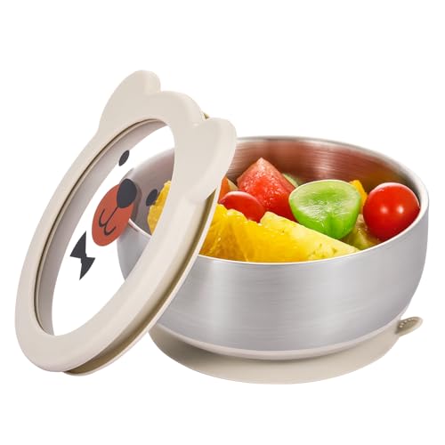 MR. CHOU Baby Bowls with Non-Slip Silicone Suction Cup, Insulated Double-Layer 18/8 Stainless Steel Toddler Bowls with BPA Free Airtight Lids, Food-Grade Silicone Safe for Kids (Beige) - color: Beige