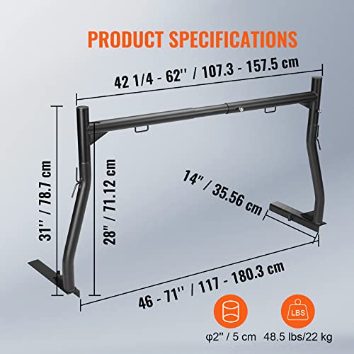 VEVOR Extendable Steel Truck Ladder Rack - 800 lbs Capacity, 46-71 inch, Non-Drilling for Kayak, Surfboard, Lumber, Ladder - style: Non-drilling