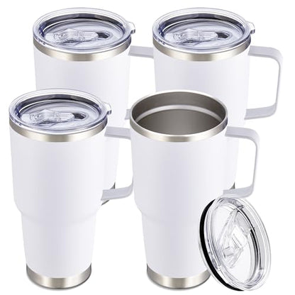 30 oz Stainless Steel Tumblers Bulk with Handle and Lid, 4 Pack - color: White