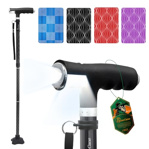 BeneCane Walking Cane for Women Folding Cane for Men with Two Led Lights Quad Cane with Stable Base Lightweight and Adjustable Walking Stick - color: Carved Black