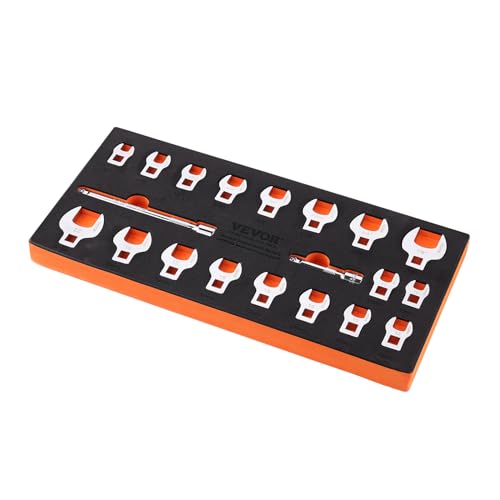 VEVOR Crowfoot Wrench Set, 3/8" Drive 20-Piece Crows Foot Wrench Set with 2 Extension Bars and EVA Tool Organizer,40CR Material with Mirror Chrome Finish, SAE 3/8"-7/8" and Metric 10-22 mm - size: 3/8" 20 PCS