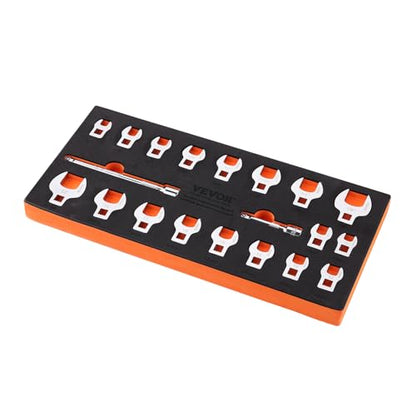 VEVOR Crowfoot Wrench Set, 3/8" Drive 20-Piece Crows Foot Wrench Set with 2 Extension Bars and EVA Tool Organizer,40CR Material with Mirror Chrome Finish, SAE 3/8"-7/8" and Metric 10-22 mm - size: 3/8" 20 PCS