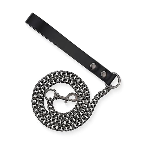 38" Aluminum Chain Leash with Leather Handle for Collar - color: Black&Black