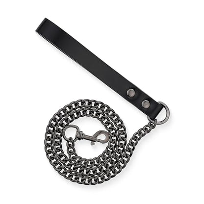 38" Aluminum Chain Leash with Leather Handle for Collar - color: Black&Black