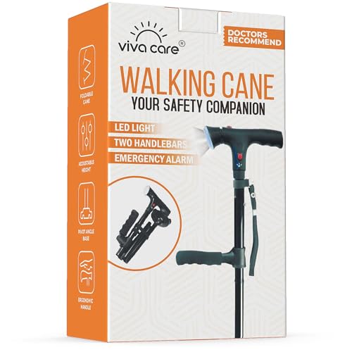 Walking Cane with Light & Alarm - Foldable, Adjustable, Lightweight, for Balance & Stability for Adults, Seniors, and Injured. [Black] - size: Medium